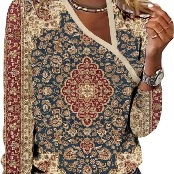 Women's Large Asymmetric Neck Vintage Print T-Shirt - Perfect for Casual Outings - Picture 1 of 4